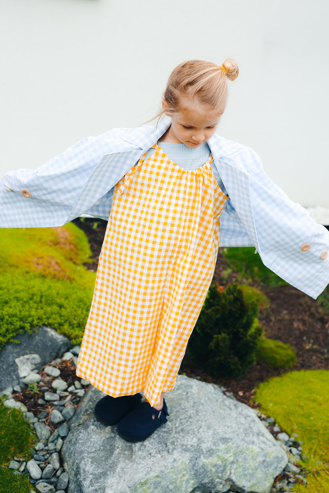 jumpsuit on adjustable straps, white and green check