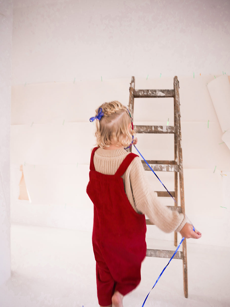 dark red dungarees with wide legs- cloth took part in photo session