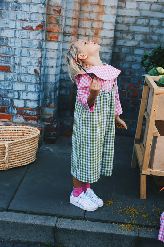 jumpsuit on adjustable straps, white and green check