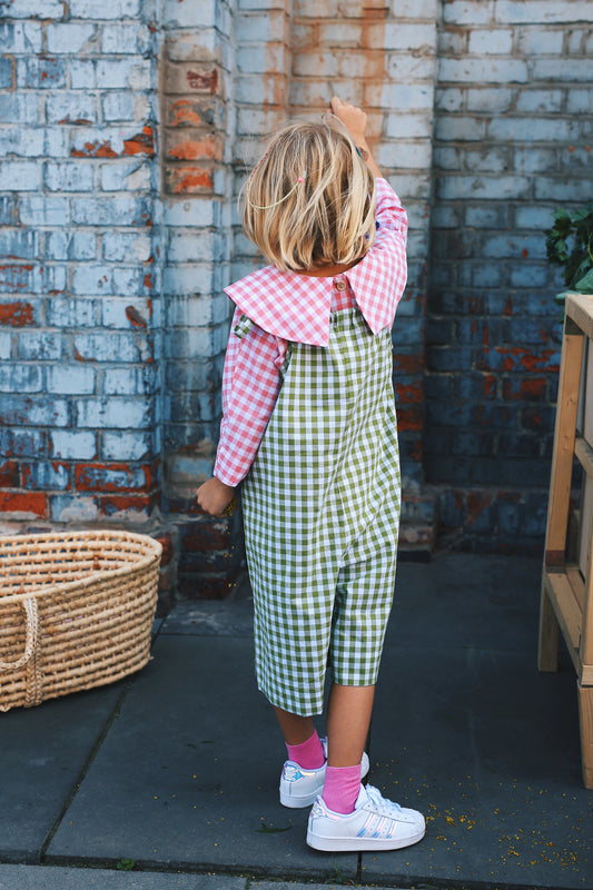 jumpsuit on adjustable straps, white and green check