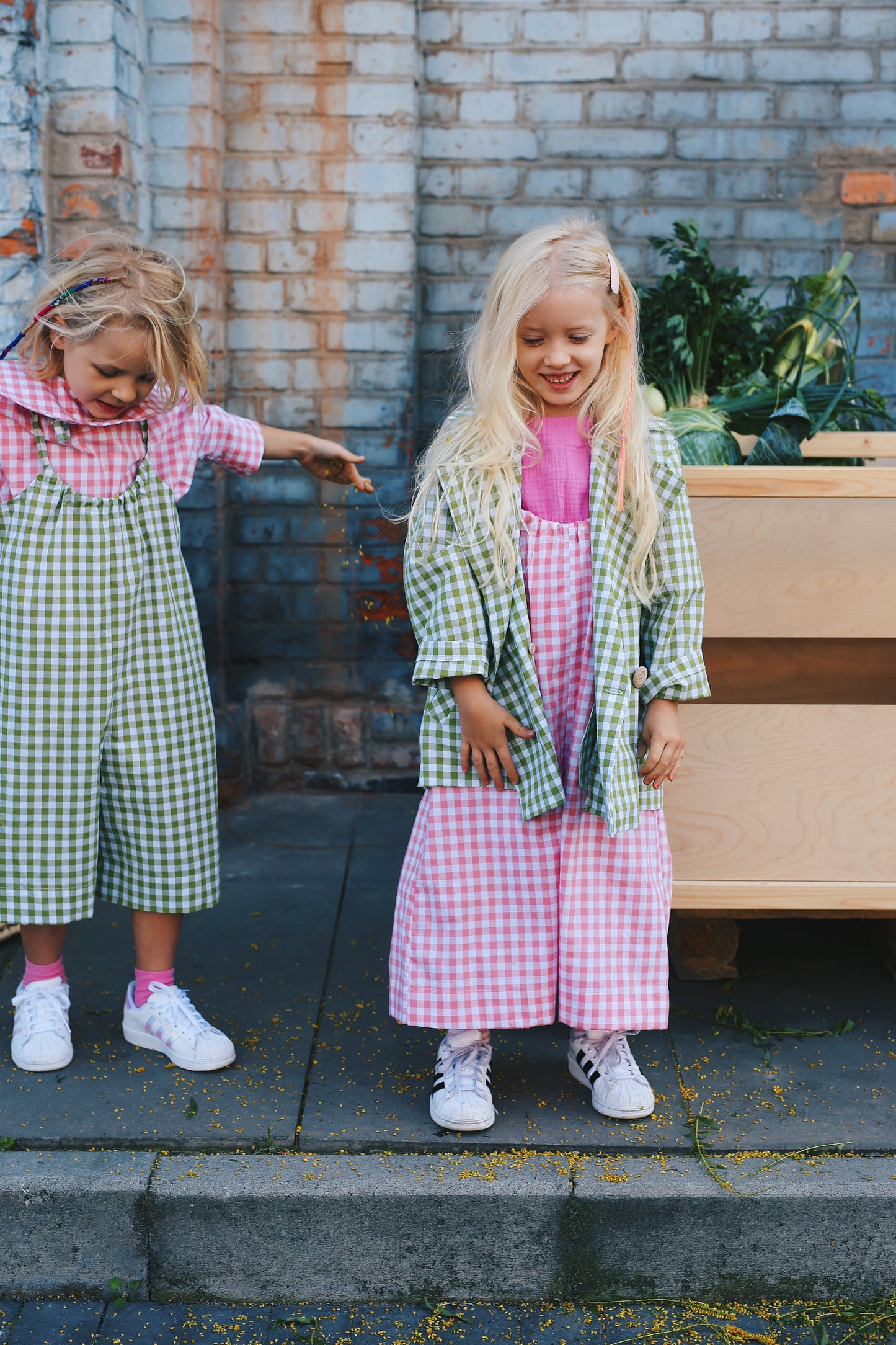 jumpsuit on adjustable straps, white and green check
