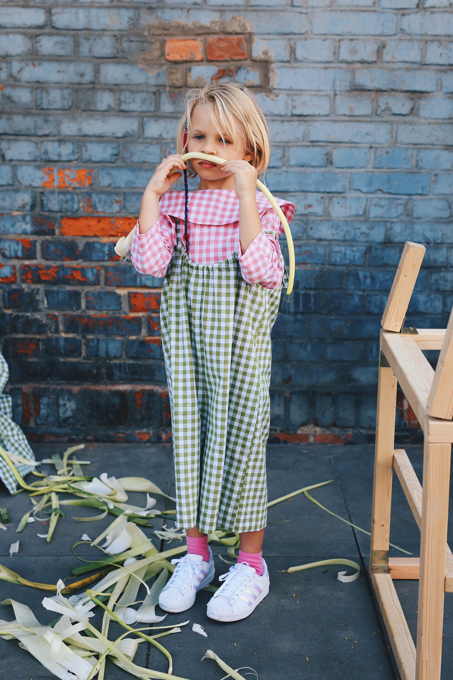 jumpsuit on adjustable straps, white and green check