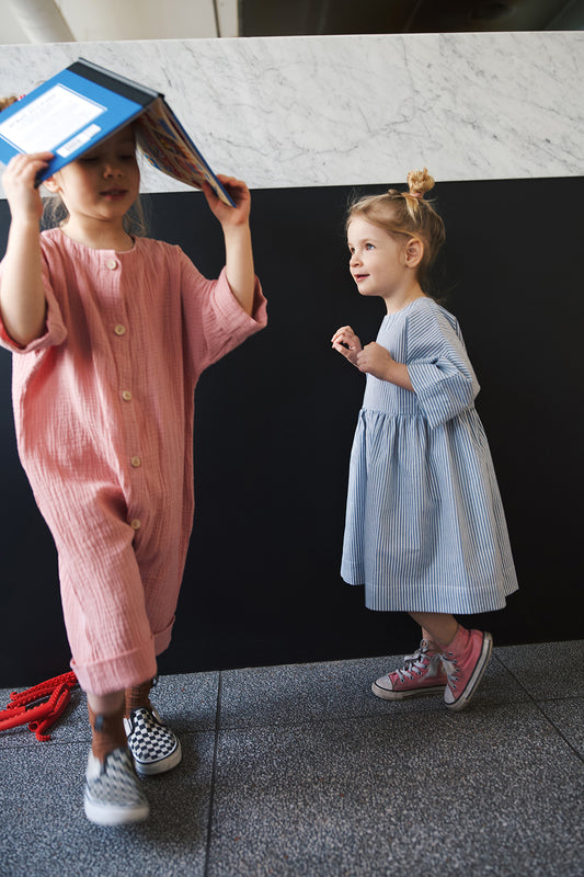 dress with buttons on the back with white and blue stripes