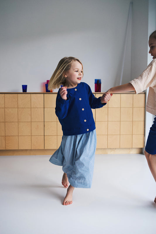 midi skirt with white and blue stripes
