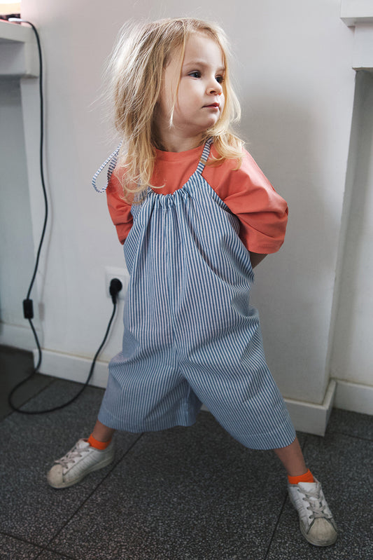 jumpsuit on straps, white and blue stripes