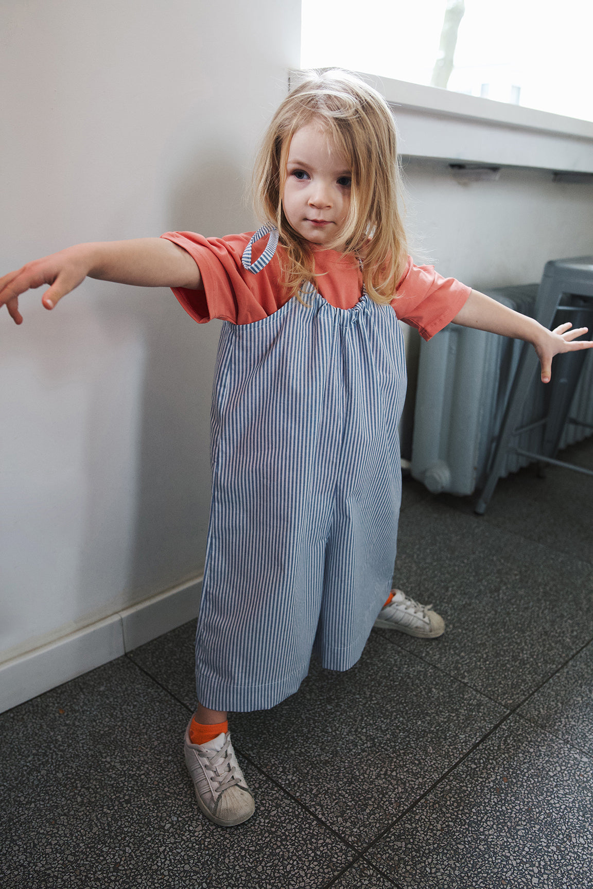 jumpsuit on straps, white and blue stripes