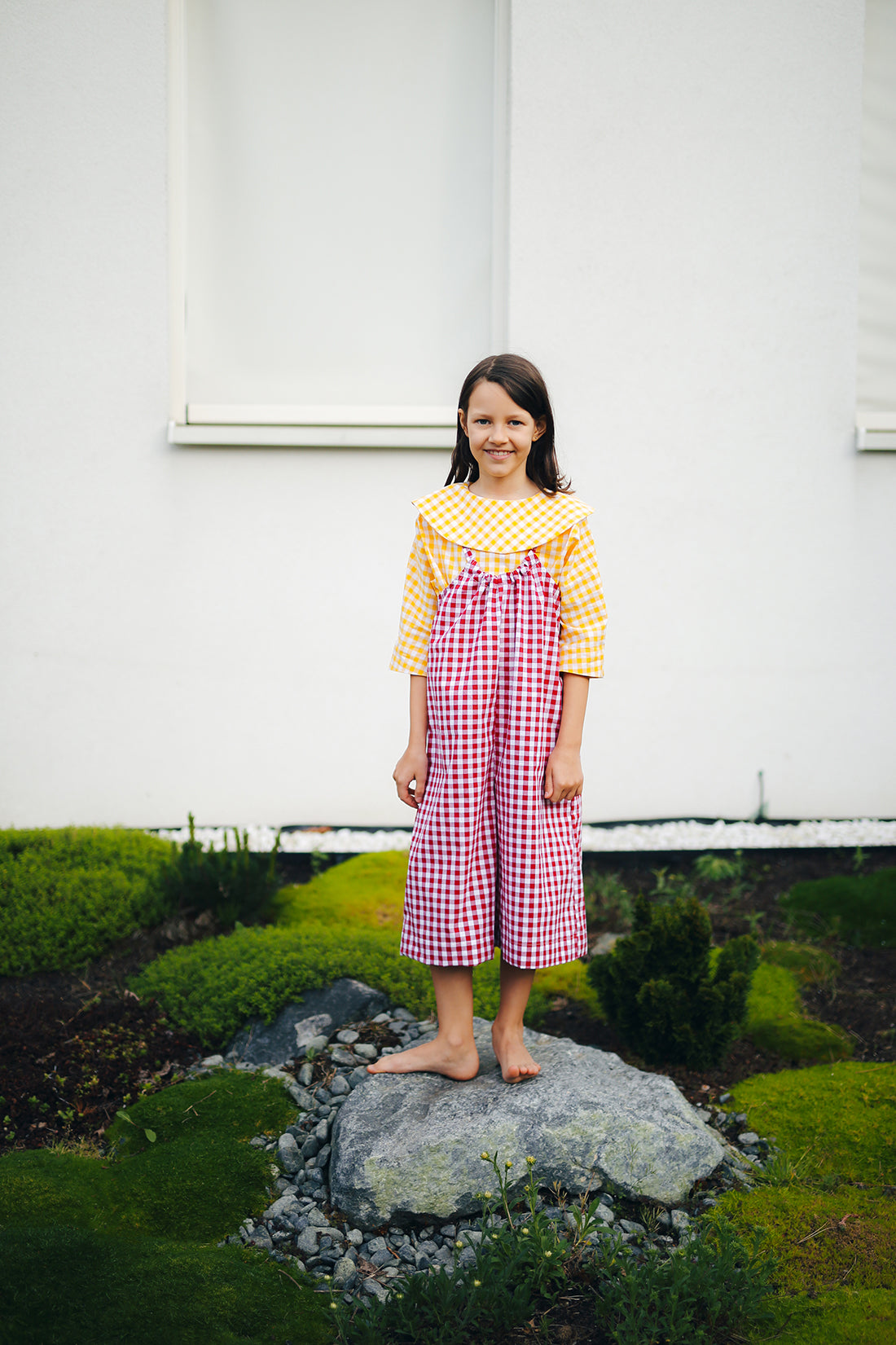 jumpsuit on adjustable straps, white and green check