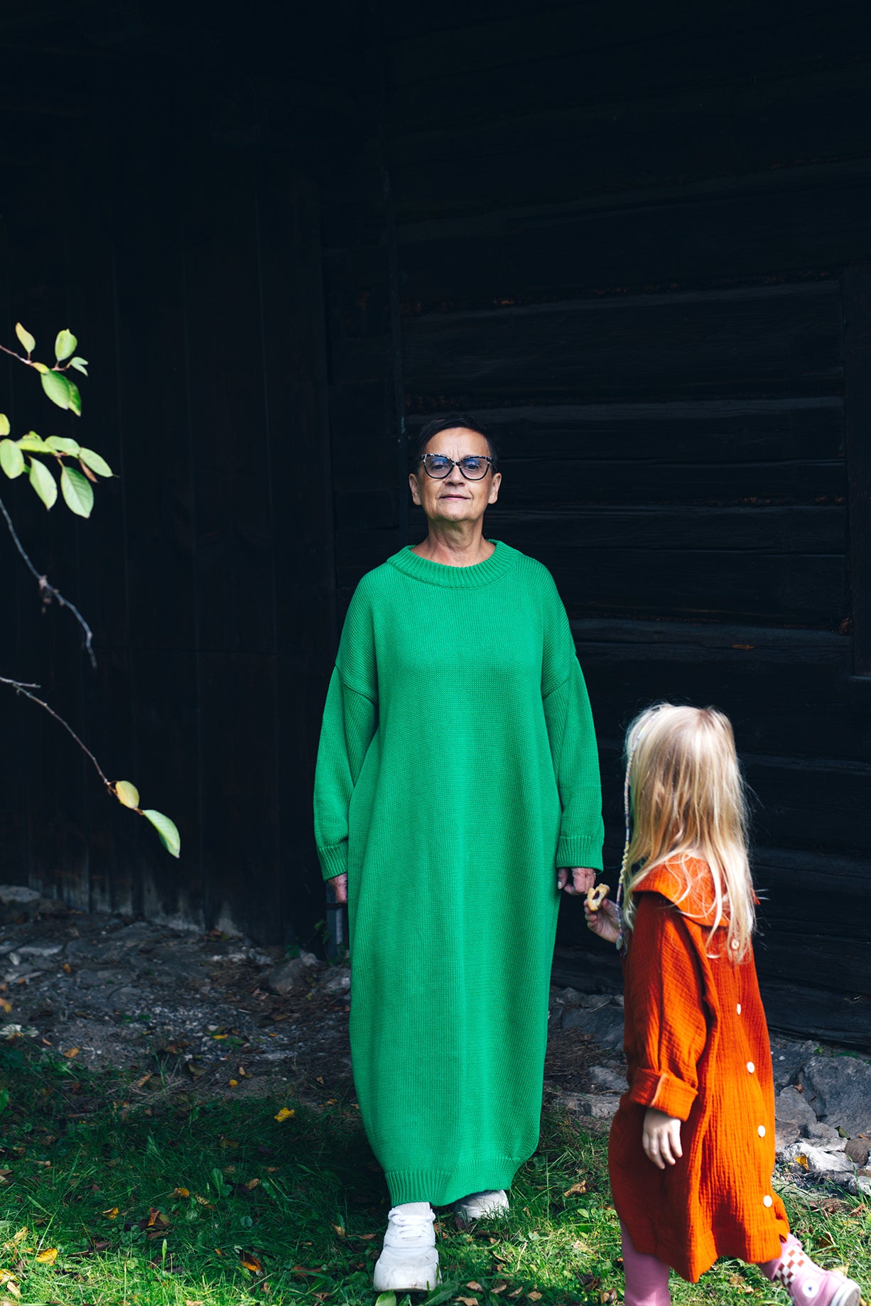 caramel dress with long sleeves with big, round collar