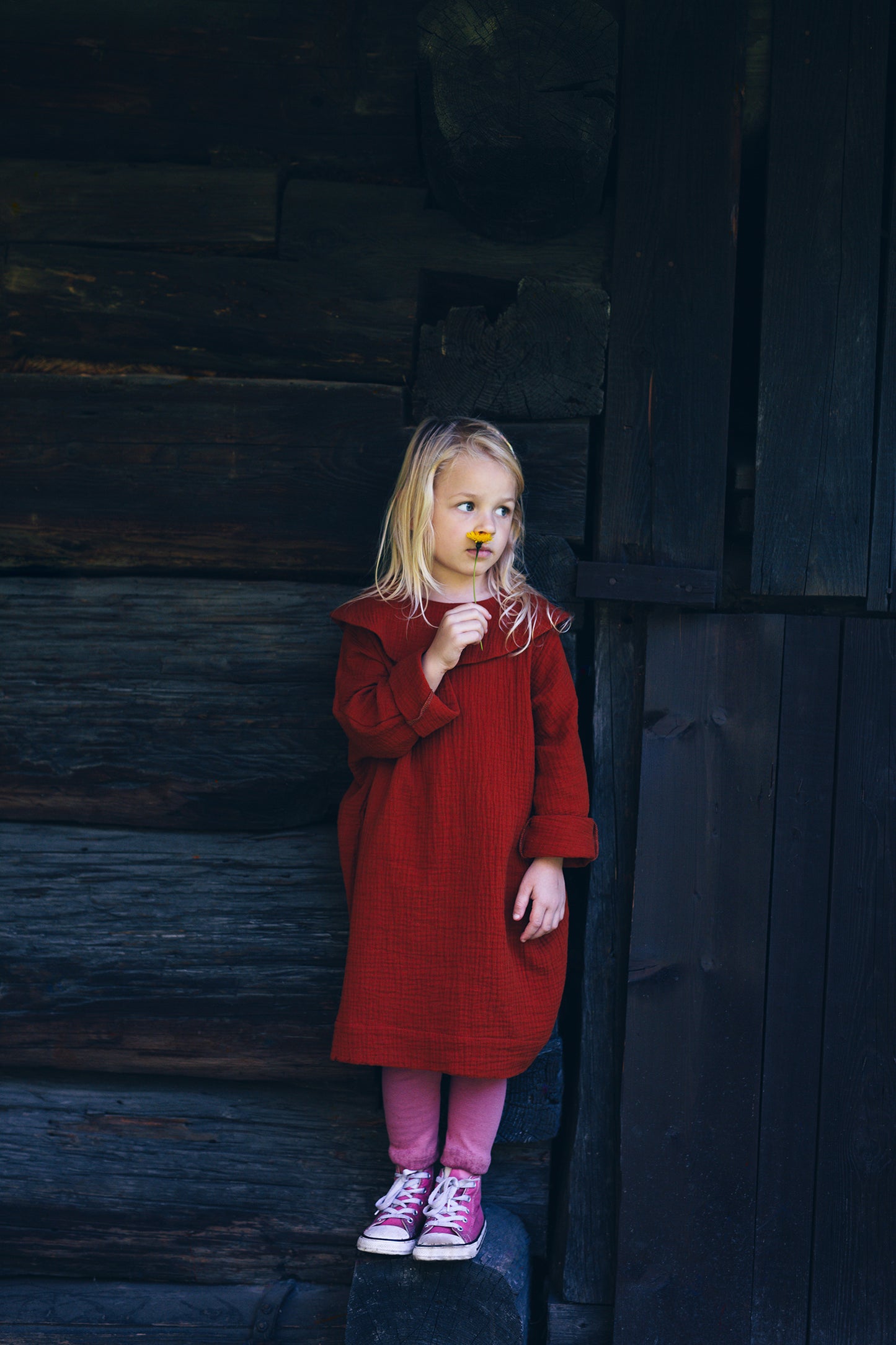 caramel dress with long sleeves with big, round collar